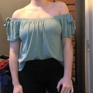 Flowy over the shoulder sea foam green shirt